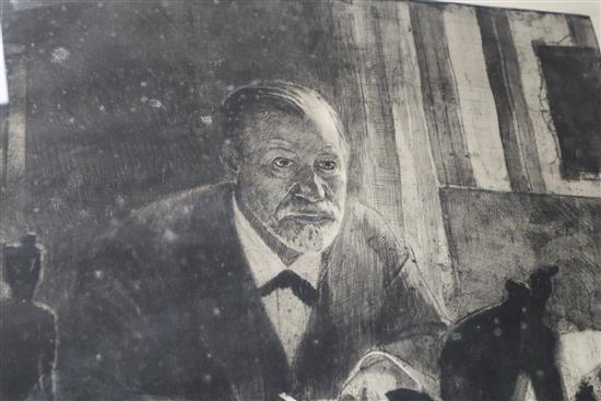 Max Pollak (1886-1970), etching, Prof. Sigmund Freud at his desk, signed in pencil, 69 x 58cm.